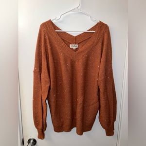 Orange Sparkly V-Neck Sweater